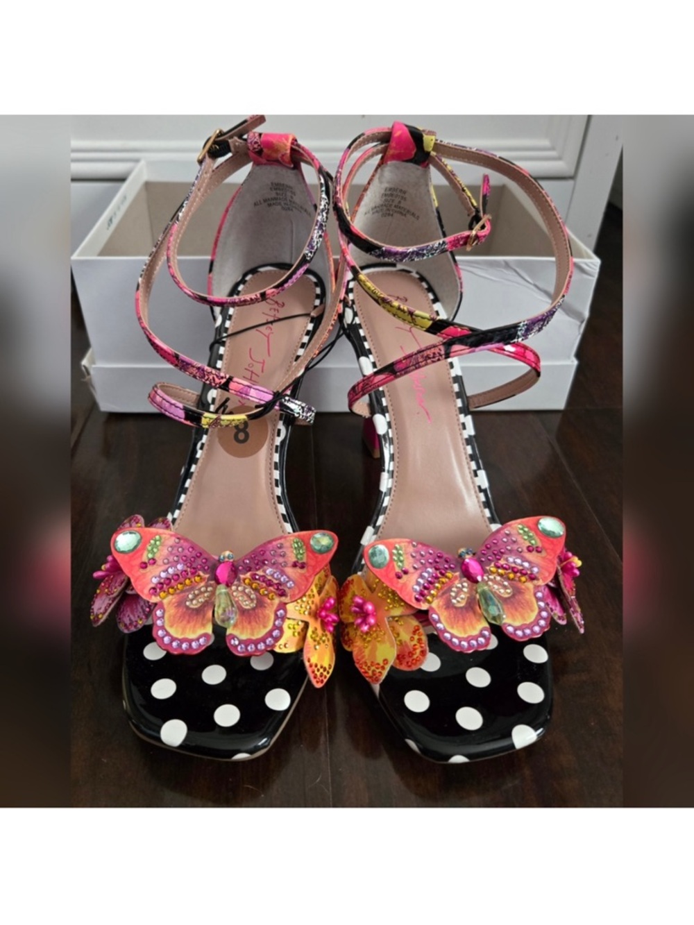 Betsey Johnson Black & White Polka Dot Butterfly 3D Ankle-Strap Heels